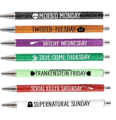 Jxueych 7Pcs Halloween Weekday Pens Glitter Pen with Funny Sayings Vibrant Passive Fancy Ballpoint Pens Cute Gifts for Colleagues Office Supplies (Halloween Pen Set) in Saudi Arabia
