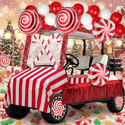 Soulchen 75 Pcs Christmas Golf Cart Decorations Candy Canes Wheel Candy Balloons Foil Tinsel Backdrops Curtain Backdrop Tinsel Garland for Golf Cart Party Supplies Decor (Classic,Red White) in Saudi Arabia