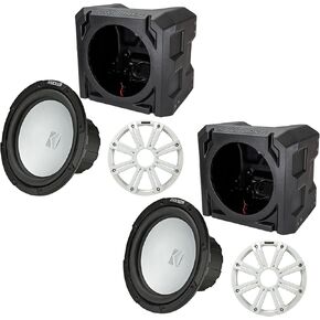 KICKER Two 45KM104 مكبرات صوت بحرية مقاس 10 بوصات شواية LED بيضاء 4 أوم مع حاويات صندوق فرعي بحري عالمي SSV in Kuwait