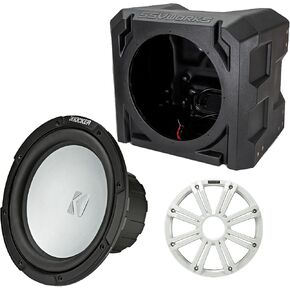 مضخم صوت بحري KICKER 45KM104 مقاس 10 بوصات وشواية LED بيضاء 4 أوم مع حاوية صندوق فرعي بحري عالمي SSV in Kuwait