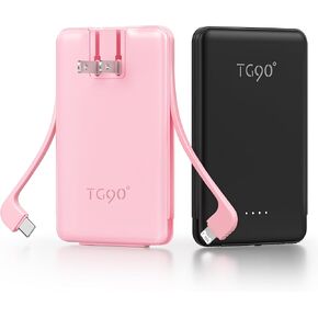 شاحن محمول TG90° 5000 مللي أمبير في الساعة، قابس وكابلات تيار متردد مدمجة، بنك طاقة بحجم الجيب، حزمة بطارية USB C خارجية نحيفة سريعة الشحن متوافقة مع iPhone 17 16 15 14 13 12 Samsung Google iPad in Kuwait