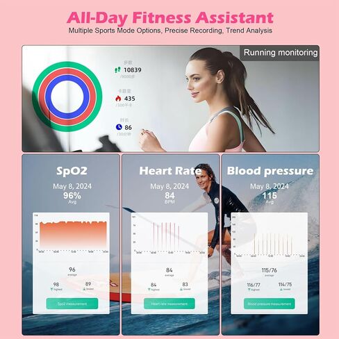 حلقة ذكية لتتبع اللياقة البدنية للنساء، حلقة معدل ضربات القلب الصحية مع متتبع النشاط، مراقب النوم ومقياس التأكسج، بدون رسوم اشتراك، التصوير عن بعد، مقاومة للماء IP68 in Kuwait
