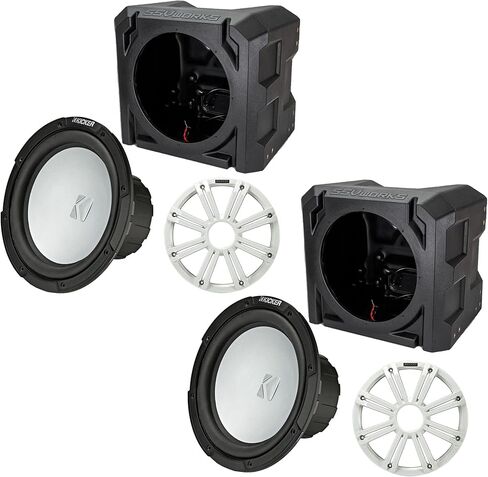 KICKER Two 45KM104 مكبرات صوت بحرية مقاس 10 بوصات شواية LED بيضاء 4 أوم مع حاويات صندوق فرعي بحري عالمي SSV in Kuwait