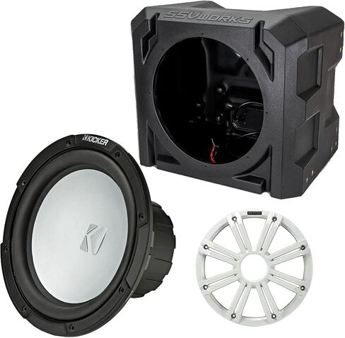 مضخم صوت بحري KICKER 45KM104 مقاس 10 بوصات وشواية LED بيضاء 4 أوم مع حاوية صندوق فرعي بحري عالمي SSV in Kuwait