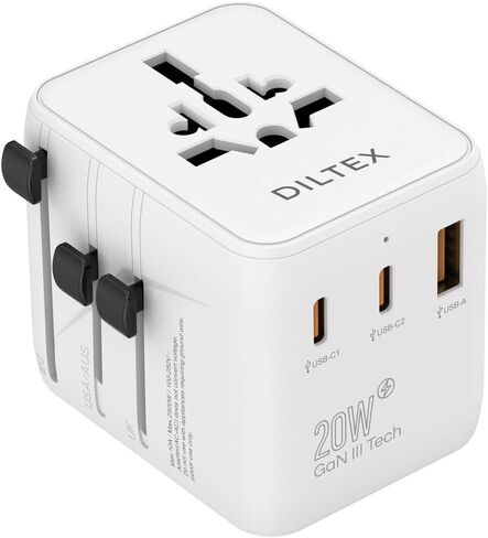 محول سفر سريع الشحن بقدرة 20 واط GaN III - منافذ USB-C وUSB-A مزدوجة مع منفذي تيار متردد وصمامات تحميل زائد مزدوجة 10 أمبير - شاحن حائط عالمي لأكثر من 200 دولة - محول طاقة للهواتف in Kuwait