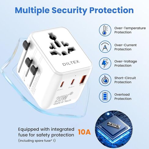 محول سفر سريع الشحن بقدرة 20 واط GaN III - منافذ USB-C وUSB-A مزدوجة مع منفذي تيار متردد وصمامات تحميل زائد مزدوجة 10 أمبير - شاحن حائط عالمي لأكثر من 200 دولة - محول طاقة للهواتف in Kuwait