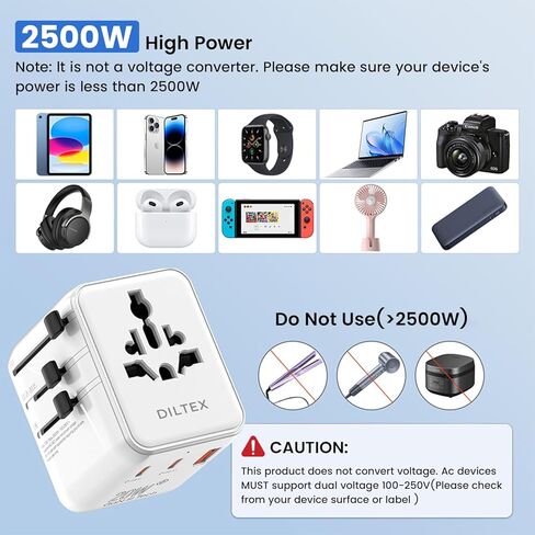 محول سفر سريع الشحن بقدرة 20 واط GaN III - منافذ USB-C وUSB-A مزدوجة مع منفذي تيار متردد وصمامات تحميل زائد مزدوجة 10 أمبير - شاحن حائط عالمي لأكثر من 200 دولة - محول طاقة للهواتف in Kuwait
