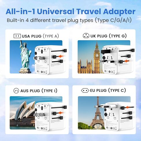 محول سفر سريع الشحن بقدرة 20 واط GaN III - منافذ USB-C وUSB-A مزدوجة مع منفذي تيار متردد وصمامات تحميل زائد مزدوجة 10 أمبير - شاحن حائط عالمي لأكثر من 200 دولة - محول طاقة للهواتف in Kuwait