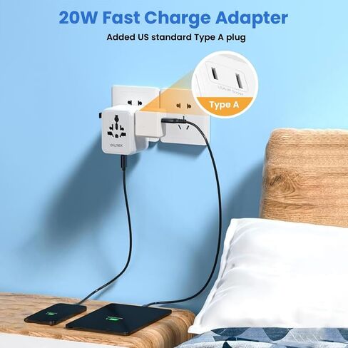 محول سفر سريع الشحن بقدرة 20 واط GaN III - منافذ USB-C وUSB-A مزدوجة مع منفذي تيار متردد وصمامات تحميل زائد مزدوجة 10 أمبير - شاحن حائط عالمي لأكثر من 200 دولة - محول طاقة للهواتف in Kuwait