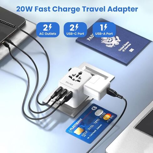 محول سفر سريع الشحن بقدرة 20 واط GaN III - منافذ USB-C وUSB-A مزدوجة مع منفذي تيار متردد وصمامات تحميل زائد مزدوجة 10 أمبير - شاحن حائط عالمي لأكثر من 200 دولة - محول طاقة للهواتف in Kuwait