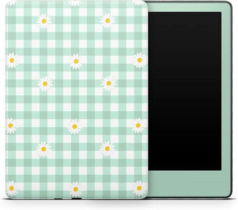 ZOOMHITSKINS Skin Compatible with Kindle 6-inch 11th Gen (2022-2024) Full Wrap - White Green Checkered Delicate Flower Daisy Cute, Protective, Unique Vinyl Decal Cover, Easy to Apply, Made in The USA in Saudi Arabia