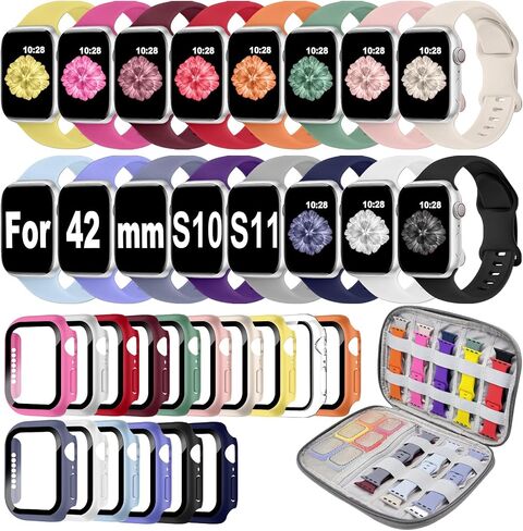 16 Pack Watch Bands with Screen Protector Compatible with Apple Watch | Soft Silicone, Tempered Glass Screen Protector, Storage Case, 16 Colors, Water Resistant, for Series 11/10/9/8/7/6/5/4/SE in Saudi Arabia