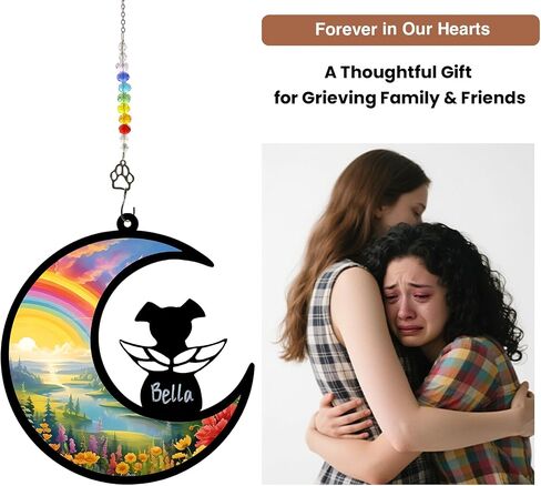 Dog Memorial Suncatcher ، مجموعة هدية مخصصة لخسارة الحيوانات الأليفة مع بطاقة تعاطف واحدة لبطاقة ذكرى الكلاب ، سوار واحد لتوفير الحزن ، ملاك معلق ، حزمة جاهزة للهدية (Rainbow River) in Kuwait