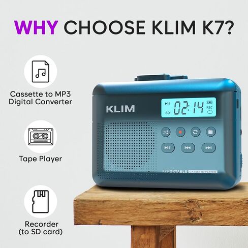 مشغل أشرطة كاسيت KLIM K7 - محول كاسيت إلى MP3 - محمول - ميكروفون ومكبر صوت مدمج - بطارية قابلة للشحن - سماعات أذن - بطاقة SD سعة 16 جيجابايت - أزرق in Kuwait