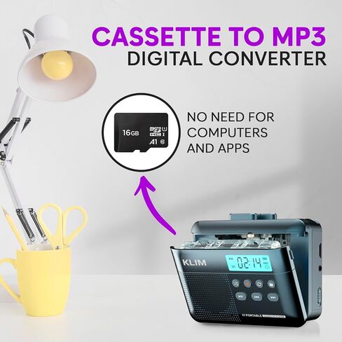 مشغل أشرطة كاسيت KLIM K7 - محول كاسيت إلى MP3 - محمول - ميكروفون ومكبر صوت مدمج - بطارية قابلة للشحن - سماعات أذن - بطاقة SD سعة 16 جيجابايت - أزرق in Kuwait