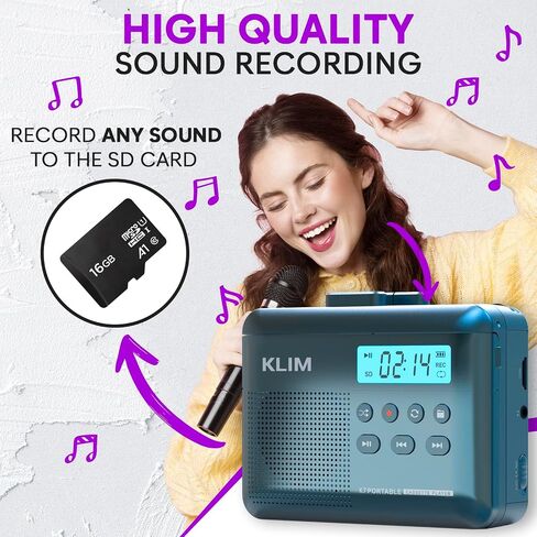 مشغل أشرطة كاسيت KLIM K7 - محول كاسيت إلى MP3 - محمول - ميكروفون ومكبر صوت مدمج - بطارية قابلة للشحن - سماعات أذن - بطاقة SD سعة 16 جيجابايت - أزرق in Kuwait