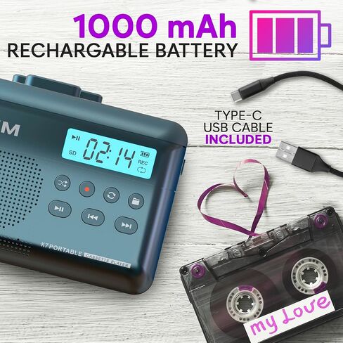 مشغل أشرطة كاسيت KLIM K7 - محول كاسيت إلى MP3 - محمول - ميكروفون ومكبر صوت مدمج - بطارية قابلة للشحن - سماعات أذن - بطاقة SD سعة 16 جيجابايت - أزرق in Kuwait