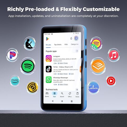 مشغل MP3 innioasis سعة 160 جيجابايت مع بلوتوث وواي فاي، مشغل MP3 مع Spotify، Spotify Kids، Pandora، Play Store، تطبيق Parental Manager، Calm، مشغل موسيقى MP4 بشاشة لمس كاملة 4 بوصات عالية الدقة للأطفال (أسود) in Kuwait