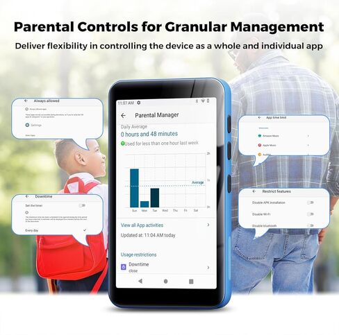 مشغل MP3 innioasis سعة 160 جيجابايت مع بلوتوث وواي فاي، مشغل MP3 مع Spotify، Spotify Kids، Pandora، Play Store، تطبيق Parental Manager، Calm، مشغل موسيقى MP4 بشاشة لمس كاملة 4 بوصات عالية الدقة للأطفال (أسود) in Kuwait