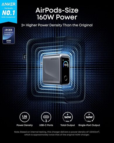 شاحن Anker Prime، كتلة شاحن USB C GaN مدمجة 3 منافذ بقدرة 160 وات، شاشة ذكية وتحكم باللمس، شحن بحد أقصى 140 وات عبر أي منفذ واحد، لأجهزة MacBook، والكمبيوتر المحمول، وسلسلة iPhone 17/16/15، وiPad (بدون بطارية) in Kuwait
