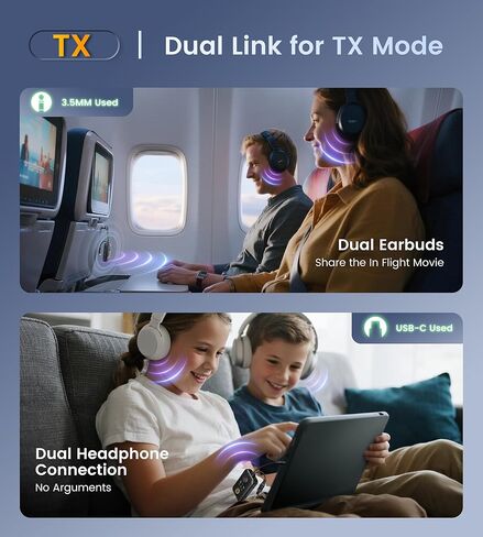 جهاز استقبال إرسال بلوتوث 5.4 بتصميم فريد من نوعه مع تقنية Qualcomm aptX Adaptive لسماعات AirPods المزدوجة/سماعات الرأس، ومقبس Aux 3.5 ملم ومحول USB C بلوتوث للطائرة/التلفزيون/PS5/صالة الألعاب الرياضية/الهاتف/الكمبيوتر اللوحي/السيارة (للطيران) in Kuwait