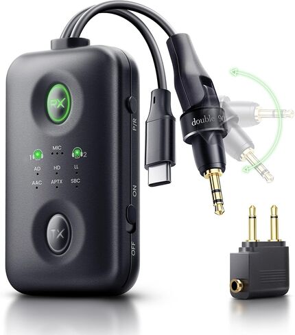 جهاز استقبال إرسال بلوتوث 5.4 بتصميم فريد من نوعه مع تقنية Qualcomm aptX Adaptive لسماعات AirPods المزدوجة/سماعات الرأس، ومقبس Aux 3.5 ملم ومحول USB C بلوتوث للطائرة/التلفزيون/PS5/صالة الألعاب الرياضية/الهاتف/الكمبيوتر اللوحي/السيارة (للطيران) in Kuwait