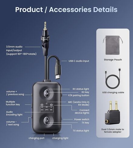 جهاز استقبال إرسال بلوتوث 5.4 بتصميم فريد من نوعه مع تقنية Qualcomm aptX Adaptive لسماعات AirPods المزدوجة/سماعات الرأس، ومقبس Aux 3.5 ملم ومحول USB C بلوتوث للطائرة/التلفزيون/PS5/صالة الألعاب الرياضية/الهاتف/الكمبيوتر اللوحي/السيارة (للطيران) in Kuwait