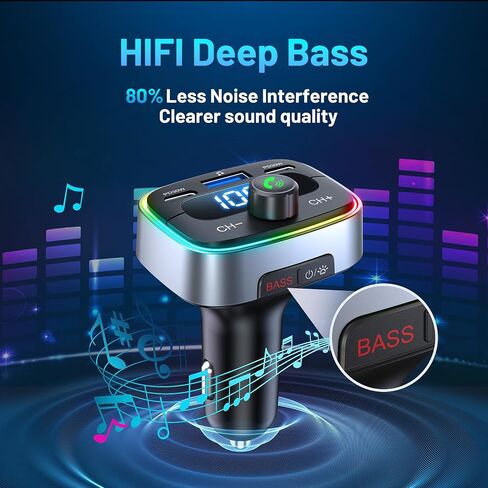 Bluetooth 5.4 Car Adapter 60W Charging USB Bluetooth Adapter for Car,Wireless Fm Transmitter Radio,Handsfree Calling and Audio Receiver,HiFi Music Player,7 Colors LED Backlit in Saudi Arabia