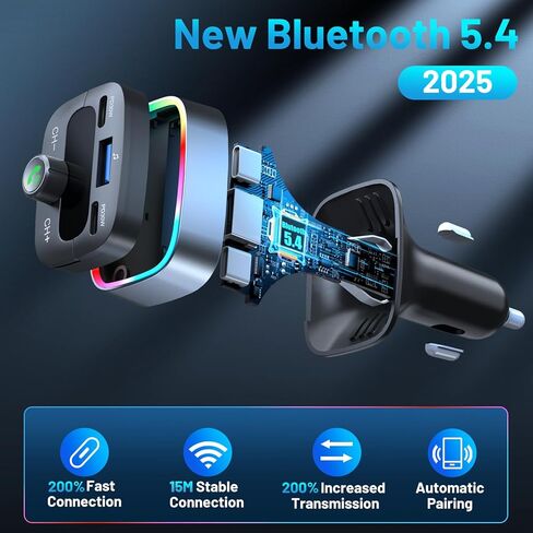 Bluetooth 5.4 Car Adapter 60W Charging USB Bluetooth Adapter for Car,Wireless Fm Transmitter Radio,Handsfree Calling and Audio Receiver,HiFi Music Player,7 Colors LED Backlit in Saudi Arabia