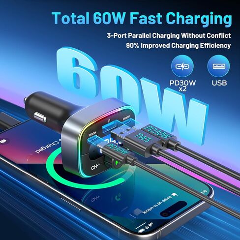 Bluetooth 5.4 Car Adapter 60W Charging USB Bluetooth Adapter for Car,Wireless Fm Transmitter Radio,Handsfree Calling and Audio Receiver,HiFi Music Player,7 Colors LED Backlit in Saudi Arabia