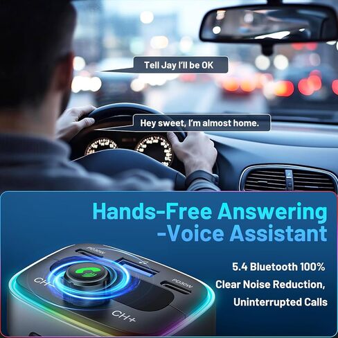 Bluetooth 5.4 Car Adapter 60W Charging USB Bluetooth Adapter for Car,Wireless Fm Transmitter Radio,Handsfree Calling and Audio Receiver,HiFi Music Player,7 Colors LED Backlit in Saudi Arabia
