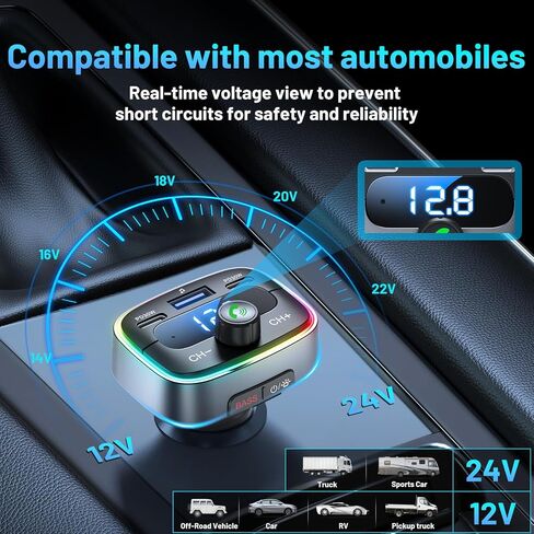 Bluetooth 5.4 Car Adapter 60W Charging USB Bluetooth Adapter for Car,Wireless Fm Transmitter Radio,Handsfree Calling and Audio Receiver,HiFi Music Player,7 Colors LED Backlit in Saudi Arabia