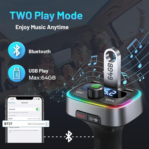 Bluetooth 5.4 Car Adapter 60W Charging USB Bluetooth Adapter for Car,Wireless Fm Transmitter Radio,Handsfree Calling and Audio Receiver,HiFi Music Player,7 Colors LED Backlit in Saudi Arabia