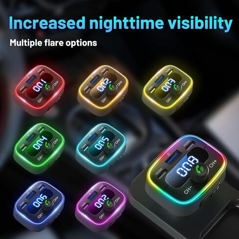 Bluetooth 5.4 Car Adapter 60W Charging USB Bluetooth Adapter for Car,Wireless Fm Transmitter Radio,Handsfree Calling and Audio Receiver,HiFi Music Player,7 Colors LED Backlit in Saudi Arabia