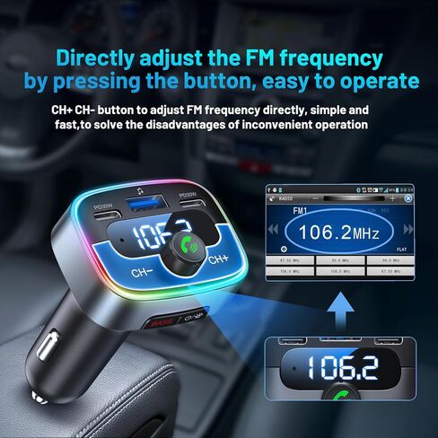 Bluetooth 5.4 Car Adapter 60W Charging USB Bluetooth Adapter for Car,Wireless Fm Transmitter Radio,Handsfree Calling and Audio Receiver,HiFi Music Player,7 Colors LED Backlit in Saudi Arabia