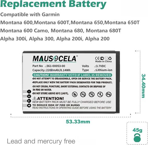 2200mAh 361-00053-00 GPS Replacement Battery, Compatible with Gar'min Montana 600, 600T, 610, 680, 680T, 650, 650T, Alpha 300, 300i, 200, 200i - 3.7V/Li-ion in Saudi Arabia