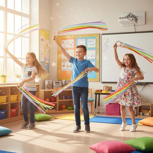 junkin rainbow hand kite waldorf toys creative dancing ripbon spurner with wood ring wrist ensory endrengd exipal toys for room dancing party party gift (Rainbow ، 24 pcs) in Kuwait