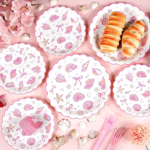 48pcs Scalloped Coastal Party Plates Ocean Theme Party Decorations Tropical Blue Bow Starfish Seashell Tableware Blue Bachelorette Decoration for Summer Beach Wedding Bridal Shower Birthday Supplies in Saudi Arabia