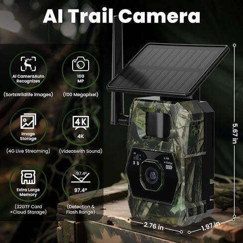 كاميرا Ai Trail الخلوية - كاميرا ألعاب مع لوحة شمسية مدمجة، وبطاقة SIM سعة 32 جيجابايت، وصور بدقة 100 ميجابكسل، ومقاطع فيديو بدقة 4K في اتجاهين - التحدث مع حركة الرؤية الليلية المقاومة للماء in Kuwait