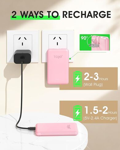 شاحن محمول TG90° 5000 مللي أمبير في الساعة، قابس وكابلات تيار متردد مدمجة، بنك طاقة بحجم الجيب، حزمة بطارية USB C خارجية نحيفة سريعة الشحن متوافقة مع iPhone 17 16 15 14 13 12 Samsung Google iPad in Kuwait
