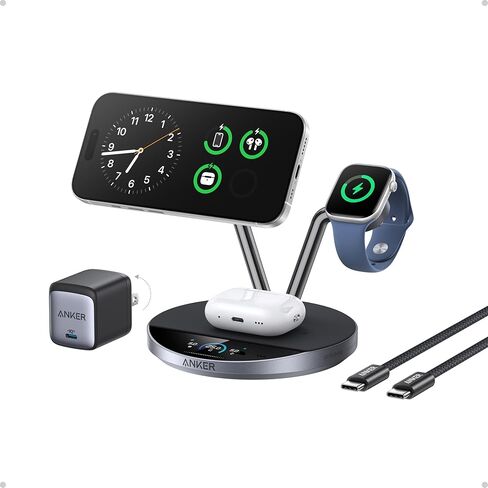 متوافق مع شاحن Anker Prime MagSafe، محطة شحن 3 في 1، حامل شاحن لاسلكي معتمد Qi2 25W، شاشة ذكية مع تبريد نشط TEC، لهاتف iPhone 17، وساعة Apple، وAirPods، والمزيد in Kuwait
