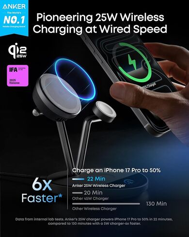 متوافق مع شاحن Anker Prime MagSafe، محطة شحن 3 في 1، حامل شاحن لاسلكي معتمد Qi2 25W، شاشة ذكية مع تبريد نشط TEC، لهاتف iPhone 17، وساعة Apple، وAirPods، والمزيد in Kuwait