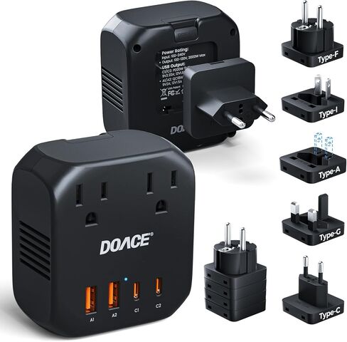 DOACE 2000W Voltage Converter US to Europe - 220V to 110V Converter for European Travel, Power Converter Adapter Combo with 2 PD/QC & UK/AU/US/IT/European Travel Plug Adapters for Hair Dryer Phone in Kuwait