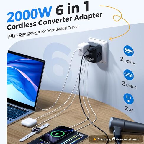 DOACE 2000W Voltage Converter US to Europe - 220V to 110V Converter for European Travel, Power Converter Adapter Combo with 2 PD/QC & UK/AU/US/IT/European Travel Plug Adapters for Hair Dryer Phone in Kuwait
