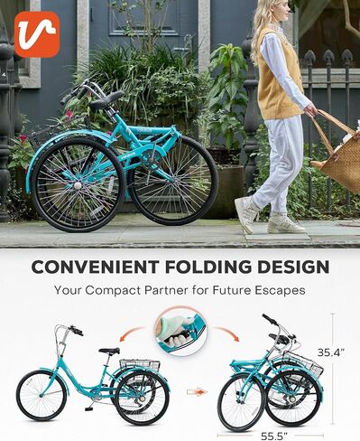 VIRIBUS Foldable Adult Tricycle, 7 Speed Folding Tricycle for Adults with Removable Wheeled Basket, Three Wheel Folding Bikes for Women Men Seniors 26 inch, Collapsible Trike 330 LB. in Kuwait