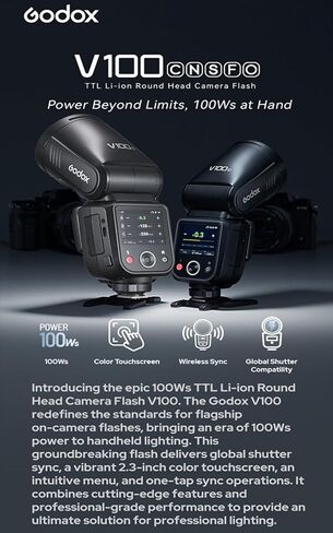 فلاش كاميرا GODOX Godox V100 S لفلاش سوني، 100 واط 2.4 جيجا TTL1/8000 HSS، بطارية ليثيوم 7.2 فولت/2980 مللي أمبير في الساعة، وقت إعادة التدوير 1.7 ثانية لسوني ZV1 ZV1-F ZV-E10 A6400 A6700 A7III إلخ فلاش الكاميرا (إصدار الولايات المتحدة الأمريكية) in Saudi Arabia