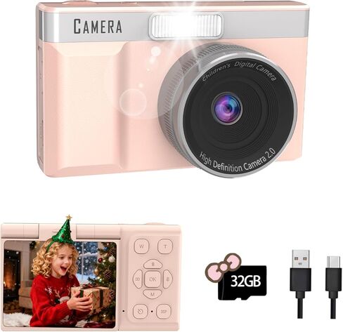 كاميرا رقمية للأطفال مع شاشة قابلة للطي بزاوية 180 درجة، وكاميرا مدمجة ببطاقة ذاكرة سعة 32 جيجابايت، وكاميرات رقمية بدقة 1080 بيكسل عالية الوضوح، وألعاب تعليمية مدمجة، وهدايا مثالية للأطفال الأولاد والبنات (أسود) in Kuwait