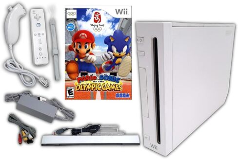 Wii Nintendo Console Bundle + Mario & Sonic Olympic Games Game Disc | White RVL-001 System Also Compatible w/Gamecube Games | 1x Remote Controller, Nunchuck, Sensor Bar, Cables & AC Adapter (Renewed) in Saudi Arabia