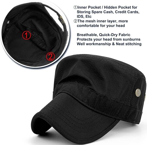 REDSHARKS Hidden Pocket Cadet Army Hat Quick Dry Military Style Flat Top Baseball Dad Sun Cap in Kuwait