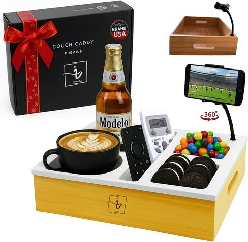 Couch Caddy with Cup Holder Tray Silicone & Bamboo with a Fully Flexible 360° Phone Mount That adapts to Any Viewing Angle – Multifunctional Organizer. in Saudi Arabia